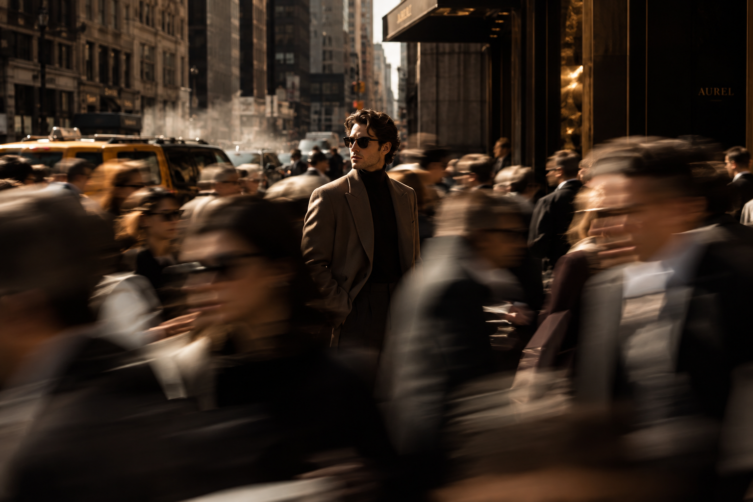 A sharply dressed man standing still in a busy New York street